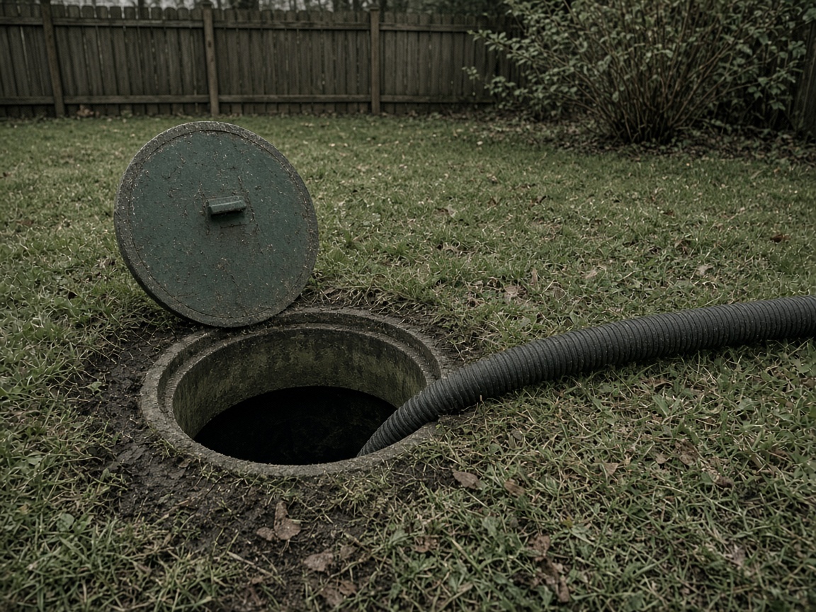 Hose running to an open septic lid in a yard